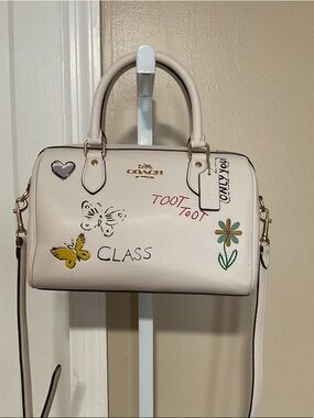 Coach Rowen Cream Leather Doodle Satchel with Floral and Butterfly Accents